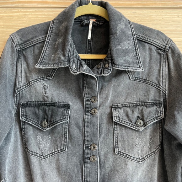 Free People Oversized Distressed Denim Jacket - Picture 3 of 9